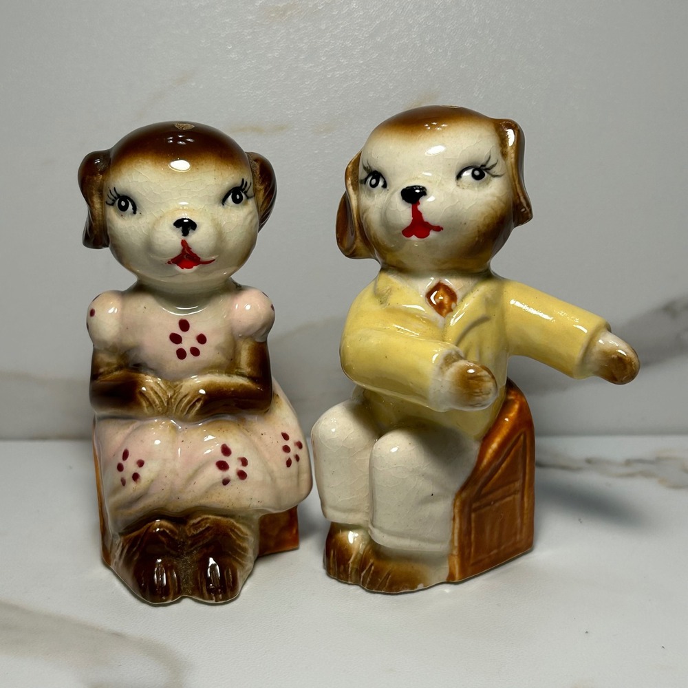 Vintage Anthropomorphic Dog Salt and Pepper Shakers Set Pink Dress Yellow Suit